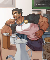  1boy absurdres alternate_skin_color bara barista beard_stubble black_hair cafe coffee cookie cookie_jar counter dark-skinned_male dark_skin denim elbow_rest employee_uniform facial_hair feet_out_of_frame food highres huge_eyebrows indoors jeans large_pectorals leaning_forward looking_at_viewer lucas_lee male_focus muscular muscular_male pants pectorals scott_pilgrim_(series) scott_pilgrim_takes_off shirt short_hair short_sleeves smile solo stubble t-shirt tight_clothes tight_shirt uniform v-taper yeon_(leyonkim) 