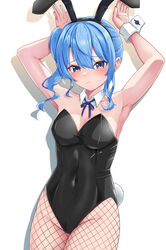  animal_ears armpits arms_up black_leotard blue_eyes blue_hair blue_nails breasts collar commentary detached_collar fake_animal_ears fake_tail female fishnet_pantyhose fishnets highres hiiragi_melt hololive hoshimachi_suisei leotard long_hair nail_polish nervous_sweating pantyhose playboy_bunny side_ponytail small_breasts solo star_(symbol) star_in_eye strapless strapless_leotard sweat symbol_in_eye tail virtual_youtuber white_background white_collar white_wrist_cuffs wrist_cuffs 