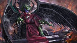  absurdres breasts cany-10086 cape claws crossed_legs duel_monster evil_hero_inferno_wing eye_mask feathered_wings female green_fur green_hair highres large_breasts making-of_available monster_girl red_cape red_lips sitting solo spikes wings yu-gi-oh! yu-gi-oh!_gx 