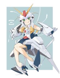  absurdres armor commentary female full_body funnels_(gundam) greek_letters green_eyes gundam gundam_hathaway&#039;s_flash helmet highres kurt0818 looking_at_viewer mecha_musume short_hair_with_long_locks solo tongue tongue_out v-fin weapon white_hair xi_gundam 