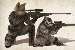  aiming anthro badger canid canine canis clothing coyote crouching duo female furrykxc gun hi_res holding_gun holding_object holding_ranged_weapon holding_weapon keshenna_honina larger_male male mammal military military_uniform mustelid musteline ranged_weapon rifle simple_background size_difference smaller_female sniper sniper_rifle soldier stocky uniform warrior weapon white_background 