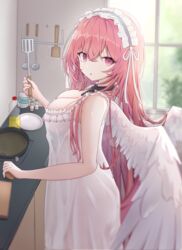  :o absurdres angel_wings ass azur_lane bad_id bad_pixiv_id bare_arms blurry blurry_foreground breasts cleavage collar cooking cowboy_shot crossed_bangs day female frilled_hairband frilled_nightgown frills from_side hair_between_eyes hairband hand_up highres holding holding_pan holding_spatula indoors kitchen large_breasts long_hair looking_at_viewer looking_to_the_side metal_collar negligee nicknameokupied nightgown no_bra no_panties parted_lips perseus_(azur_lane) pink_eyes pink_hair ribbon see-through solo spatula standing very_long_hair white_nightgown white_ribbon window wings 