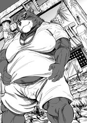  2023 absurd_res anthro asakura_kento bear belly bottomwear clothing detailed_background eyewear hi_res humanoid_hands kemono male mammal monochrome moobs outside overweight overweight_male shorts solo sunglasses 