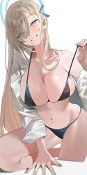  absurdres alternate_costume asuna_(blue_archive) bikini bikini_pull black_bikini blue_archive blue_eyes blush breasts buri_(retty9349) cleavage clothes_pull eyelashes female grin hair_over_one_eye hair_ribbon halo head_tilt highres large_breasts light_brown_hair long_hair looking_at_viewer navel off_shoulder open_clothes ribbon shirt sideboob simple_background smile solo stomach swimsuit very_long_hair white_background white_shirt 