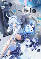  4others absurdres ahoge alternate_costume black_shorts blue_eyes blue_hair bottle bubble fangwan feet_out_of_frame female furina_(genshin_impact) genshin_impact gentilhomme_usher hair_between_eyes highres holding holding_bottle jewelry laundry_basket light_blue_hair long_sleeves mademoiselle_crabaletta multiple_others necklace on_ground plastic_bottle shirt shorts surintendante_chevalmarin thighs washing_machine water_bottle white_shirt 