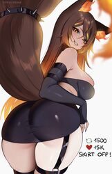  absurdres animal_ears ass black_skirt breasts brown_hair colored_inner_hair curvy detached_sleeves female highres indie_virtual_youtuber large_breasts like_and_retweet long_hair meme miniskirt multicolored_hair o-ring o-ring_thigh_strap orange_eyes orange_hair pencil_skirt simple_background sinder_(vtuber) skindentation skirt tail thigh_strap tofuubear twitter_strip_game_(meme) very_long_hair virtual_youtuber white_background 