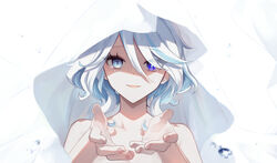  absurdres blue_eyes blue_hair collarbone female fingernails furina_(genshin_impact) genshin_impact hair_between_eyes heterochromia highres light_blue_hair looking_at_viewer mashiro_io multicolored_hair open_mouth reaching reaching_towards_viewer sidelocks smile solo streaked_hair teardrop tears two-tone_hair upper_body white_veil 