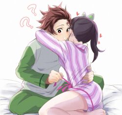  1boy ? ?? black_hair brown_hair butterfly_hair_ornament female green_pants green_shirt hair_ornament kamado_tanjirou kimetsu_no_yaiba long_hair long_sleeves multicolored_shirt pajamas pants red_eyes red_hair san_mon scar scar_on_face shirt short_hair shorts side_ponytail striped_clothes striped_pajamas striped_shorts tsuyuri_kanao 