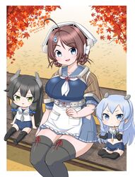  3girls aged_down apron autumn_leaves bandana bench black_gloves black_thighhighs blue_eyes blue_hair blue_one-piece_swimsuit blue_serafuku blue_skirt braid breasts brown_hair brown_shawl chougei_(kancolle) crop_top elbow_gloves fake_horns feet_out_of_frame gloves grey_eyes grey_neckerchief hair_ornament hair_rings hairclip headgear horned_headwear horns i-203_(kancolle) i-47_(kancolle) kantai_collection large_breasts light_blue_hair long_hair low-tied_long_hair masara_(chuujou) multiple_girls neckerchief one-piece_swimsuit pencil_skirt pleated_skirt sailor_collar sailor_shirt school_swimsuit school_uniform serafuku shawl shirt short_sleeves sidelocks skirt sleeveless sleeveless_shirt swimsuit thick_thighs thighhighs thighs twin_braids waist_apron white_apron white_bandana white_neckerchief white_sailor_collar 