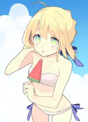  87banana ahoge artoria_pendragon_(fate) bikini blonde_hair blue_bow blue_sky bow cloud fate/stay_night fate_(series) female food green_eyes hairbow looking_at_viewer official_alternate_costume popsicle saber_(fate) sky solo strapless strapless_bikini swimsuit watermelon_bar white_bikini 