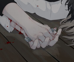  2others absurdres ambiguous_gender attempted_suicide avogado6 black_hair black_shirt blonde_hair blood blood_on_clothes blood_on_hands boxcutter close-up commentary_request highres holding_hands knife long_sleeves multiple_others original shirt white_shirt wooden_floor 