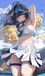  absurdres animal_ears arm_up armpits black_hair blue_archive blue_eyes blue_sky blush breasts bush cheerleader cleavage closed_mouth commentary day detached_collar dog_ears dog_girl dog_tail drone female hibiki_(blue_archive) hibiki_(cheer_squad)_(blue_archive) highres holding holding_pom_poms large_breasts leviathan_(hikinito0902) long_hair looking_at_viewer navel official_alternate_costume outdoors pleated_skirt pom_pom_(cheerleading) presenting_armpit skirt sky solo stomach symbol-only_commentary tail thigh_strap thighs white_skirt 