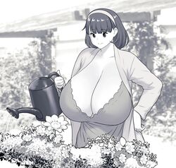  breasts cleavage closed_mouth erkaz female flower gardening greyscale hairband hand_on_own_hip highres huge_breasts long_sleeves monochrome original outdoors plant rina_atherina short_hair smile solo watering_can 