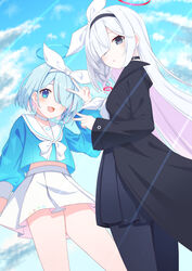  2girls :o arona_(blue_archive) black_choker black_coat black_eyes black_hairband black_pantyhose black_skirt blue_archive blue_eyes blue_hair blue_halo blue_shirt blue_sky blush bow bow_hairband bowtie braid choker cloud cloudy_sky coat commentary cropped_shirt divergenceok feet_out_of_frame hair_over_one_eye hairband halo hand_up highres light_rays long_hair long_sleeves looking_at_viewer midriff_peek miniskirt multiple_girls neckerchief open_mouth pantyhose parted_bangs plana_(blue_archive) pleated_skirt puffy_long_sleeves puffy_sleeves red_halo sailor_collar shirt short_hair single_braid skirt sky smile thighs v very_long_hair white_bow white_bowtie white_choker white_hair white_hairband white_neckerchief white_sailor_collar white_skirt 