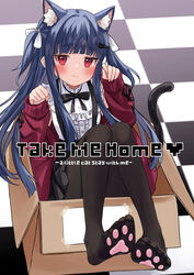  :3 animal_ear_fluff animal_ears black_bow black_bowtie black_pantyhose black_skirt blue_hair blunt_bangs blush bow bowtie box cardboard_box cat_ears cat_girl cat_tail closed_mouth commentary dorsiflexion eluthel english_commentary feet female frills full_body hairbow highres idolmaster idolmaster_cinderella_girls in_box in_container knees_up legs legs_together long_hair long_sleeves looking_at_viewer miniskirt no_shoes pantyhose paw_pose paw_print_soles pleated_skirt red_eyes ribbon-trimmed_sleeves ribbon_trim sajo_yukimi sidelocks sitting skirt sleeves_past_wrists smile solo tail tile_floor tiles toes two_side_up white_bow 