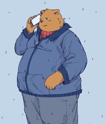  2023 absurd_res anthro bari_mu bear belly big_belly bottomwear brown_body cellphone clothing electronics hi_res kemono male mammal overweight overweight_male pants phone simple_background smartphone solo sweater topwear 