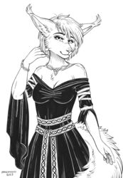  absurd_res anthro belt black_and_white bracelet celtic clothing domestic_cat dress ear_tuft felid feline felis female folk_clothes hi_res hybrid jewelry lynx maine_coon mammal monochrome necklace saoirse_(allen_fuller) snowsnow11 solo traditional_dress tuft 