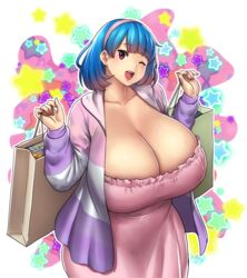  absurdres bag blue_hair breasts cleavage cowboy_shot dress earrings erkaz female hairband highres holding holding_bag huge_breasts jacket jewelry long_sleeves medium_hair one_eye_closed original outline pink_dress pink_hairband purple_jacket red_eyes rina_atherina solo star_(symbol) veins veiny_breasts white_outline 