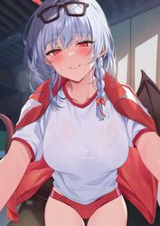  blue_archive blush braid breasts buruma eyewear_on_head female grey_hair gym_shirt gym_uniform halo haruna_(blue_archive) haruna_(track)_(blue_archive) highres hizuki_higure jacket long_hair looking_at_viewer official_alternate_costume red_buruma red_eyes shirt short_sleeves single_wing smile solo tail white_shirt wings 