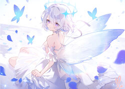  apple_caramel blue_butterfly breasts bug butterfly butterfly_wings commentary_request dress fairy_wings female halo insect_wings looking_at_viewer looking_back original partial_commentary purple_eyes sitting skirt_hold small_breasts white_dress white_hair white_wings wings 