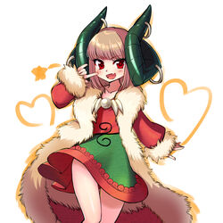  anmita_(rarutos) brown_hair coat commentary_request curled_horns dress female flat_chest fur-trimmed_coat fur-trimmed_sleeves fur_trim green_horns heart horn_piercing horns imaginary_toutetsu jewelry looking_at_viewer multicolored_clothes multicolored_dress necklace oerba_yun_fang open_clothes open_coat open_mouth original red_coat red_eyes short_dress short_hair skin_fang smile solo tooth_necklace touhou toutetsu_yuuma white_background 