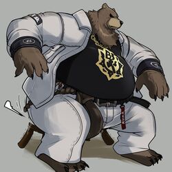  1:1 2023 96_gatefield anthro bear belly ben_bigger big_belly black_clothing black_nose black_sclera black_shirt black_topwear bottomwear broken_chair broken_furniture brown_body brown_fur clothing fur hi_res humanoid_hands jacket kemono male mammal mihoyo overweight overweight_anthro overweight_male pants shirt simple_background sitting solo topwear white_bottomwear white_clothing white_jacket white_pants white_topwear zenless_zone_zero 