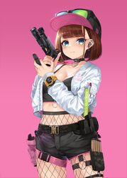  absurdres bob_cut breasts brown_hair cleavage collarbone enpera_(jdud8375) eyewear_on_head female fishnet_pantyhose fishnets glock green_eyes gun handgun hat highres holding holding_gun holding_magazine_(weapon) holding_weapon holster jacket large_breasts magazine_(weapon) nail_polish navel original pantyhose short_hair short_shorts shorts solo sunglasses trigger_discipline watch weapon wristwatch 