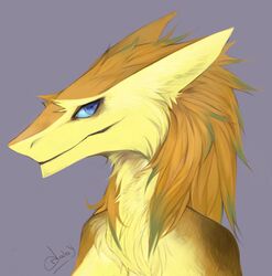  2015 akrolayn anthro artist_name barely_visible_breasts blue_eyes blue_sclera breasts bust_portrait cheek_tuft countershading digital_media_(artwork) digital_painting_(artwork) facial_tuft female fur grey_background hi_res orange_body orange_fur portrait sergal simple_background smile solo tuft yellow_body yellow_countershading yellow_fur 