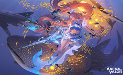  arena_of_valor bare_shoulders blonde_hair blue_eyes breasts butterfly_(arena_of_valor) crystal crystal_hair_ornament female fish frilled_shirt frilled_skirt frills gloves glowing glowing_weapon halterneck highres holding holding_weapon hyulla large_breasts liquid_hair long_hair magic_circle mermaid_dress official_alternate_costume official_art school_of_fish shark shirt single_glove skirt thigh_strap tiara tropical_fish underboob underwater very_long_hair weapon whale_shark 