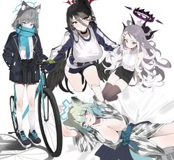  animal_ear_fluff animal_ears arms_up bath_yukata bicycle black_choker black_skirt black_thighhighs blue_archive blue_eyes blue_shorts breasts buri_(retty9349) choker cross_hair_ornament gloves green_gloves green_hair grey_hair gym_uniform hair_between_eyes hair_ornament halo hasumi_(blue_archive) hasumi_(track)_(blue_archive) hina_(blue_archive) horns jacket japanese_clothes kimono large_breasts long_hair lying multiple_girls official_alternate_costume on_back open_clothes open_mouth parted_lips pleated_skirt scarf school_uniform shigure_(blue_archive) shigure_(hot_spring)_(blue_archive) shiroko_(blue_archive) shirt shoes shorts sitting skirt sleeveless sleeveless_shirt socks standing thighhighs very_long_hair white_background white_hair white_shirt white_socks wolf_ears yukata 