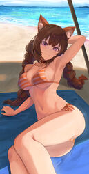  absurdres animal_ears arm_behind_head arm_support arm_up armpits ass bare_arms bare_legs bare_shoulders beach beach_towel bikini breasts brown_hair closed_mouth collar commission day feet_out_of_frame female hair_between_eyes head_tilt highres horizon large_breasts legs_together light_blush long_hair looking_at_viewer low_twintails lying navel ocean omeletricetaro3 on_ground on_side orange_bikini original outdoors parasol presenting_armpit purple_eyes red_collar shade side-tie_bikini_bottom sideboob smile solo stomach string_bikini striped_bikini striped_clothes swimsuit towel twintails umbrella underboob 