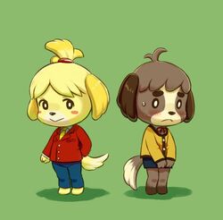  accessory alternate_costume animal_crossing anthro black_nose blonde_hair blush bottomwear brother_(lore) brother_and_sister_(lore) brown_hair canid canine canis clothed clothing clothing_swap crossdressing digby_(animal_crossing) domestic_dog dress duo embarrassed female fraternal_twins hair hair_accessory isabelle_(animal_crossing) male mammal nintendo pencil_skirt shih_tzu shiwashiwa_no_kinchakubukuru short_hair sibling_(lore) simple_background sister_(lore) skirt suit toy_dog twins_(lore) uniform 