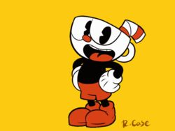  1930s_(style) 1boy animated animated cartoonized commentary cuphead cuphead_(game) english_commentary full_body gloves male_focus pac-man_eyes robert_j_case shorts solo toon_(style) white_gloves yellow_background 