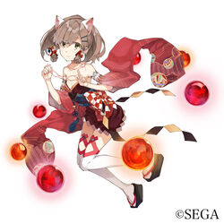  animal_ears armband bare_shoulders bow breasts brown_hair cat&#039;s_cradle cat_ears chinese_knot collarbone commentary_request detached_sleeves female full_body green_eyes hair_ornament hairclip highres japanese_clothes looking_at_viewer obi okobo orb photoshop_(medium) ponytail sandals sash sega short_hair sidelocks simple_background small_breasts solo string string_of_fate tabi thighhighs tsukugu watermark white_background white_thighhighs wide_sleeves world_end_eclipse 