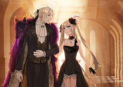  1boy black_dress black_gloves black_pants blonde_hair blue_eyes breasts choker cleavage commentary_request cowboy_shot dress eye_contact fate/grand_order fate_(series) female gloves green_eyes hair_ornament indoors jewelry long_hair looking_at_another marie_antoinette_(fate) marie_antoinette_(formal_dress)_(fate) medium_breasts neckerchief necklace official_alternate_costume pants smile standing strapless strapless_dress takeshi_kai twintails very_long_hair white_gloves white_neckerchief wolfgang_amadeus_mozart_(fate) wolfgang_amadeus_mozart_(formal_dress)_(fate) 