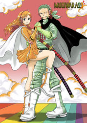  1boy black_eyes boots breasts brown_eyes cape cleavage female green_clothes green_hair hand_holding hand_on_back headphones katana leg_up long_hair nami_(one_piece) navel number one_piece orange_clothes orange_hair roronoa_zoro rose scar short_hair sowrd stomach thighs together 