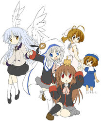  5girls angel_beats! clannad commentary_request company_connection crossover feline hat key_(company) little_busters! little_busters!_school_uniform multiple_girls natsume_rin noumi_kudryavka school_uniform soutsuki_naru tachibana_kanade 