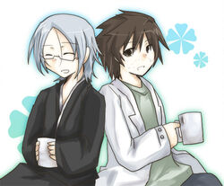  2boys bad_id bad_pixiv_id brown_eyes brown_hair chibi closed_eyes cup facial_hair glasses grey_hair japanese_clothes lab_coat male_focus mug multiple_boys muroi_seishin ozaki_toshio pixiv_2417287 shiki_(novel) simple_background sitting smile stubble 