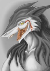  2015 ambiguous_gender anthro blood blood_warpaint bodily_fluids forked_tongue fur grey_background grey_body grey_fur grey_hair hair hi_res long_hair markings nude open_mouth pupils rain_silves sacrificabominat sergal simple_background slit_pupils solo teeth tongue tongue_out white_body white_fur yellow_eyes 