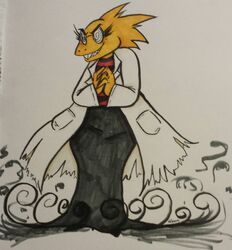  2015 alphys alternate_universe anthro buckteeth clothed clothing coat doctor_alphys_(underfell) eyewear female glasses lab_coat lizard reptile scalie simple_background solo teeth topwear traditional_media_(artwork) underfell undertale undertale_(series) unknown_artist white_background 