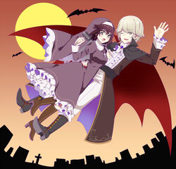  1boy ;) ascot bad_id bad_pixiv_id bat_(animal) blonde_hair blush boots breasts brown_hair cross cross_necklace dress fangs female finger_marks fingernails full_moon grey_eyes habit halloween halloween_costume hand_on_another&#039;s_hip jewelry juliet_sleeves kaburagi_sui long_sleeves mallet medium_breasts moon nail_polish necklace nishio_rina nun one_eye_closed ootani_mikoto open_mouth puffy_sleeves sharp_fingernails short_hair smile soukyuu_no_fafner stake vampire_costume yellow_eyes 