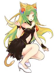  adapted_costume animal_ears argyle_cutout atalanta_(fate) atalanta_(formal_dress)_(fate) bad_id bad_pixiv_id black_dress blush breasts choker cleavage clothing_cutout collarbone dress fate/apocrypha fate_(series) female floating_hair flower full_body green_eyes green_hair hair_flower hair_ornament high_heels highres itohime long_hair midriff navel parted_lips red_flower shiny_skin short_dress simple_background sleeveless sleeveless_dress small_breasts smile solo squatting stomach tail very_long_hair white_background white_footwear 