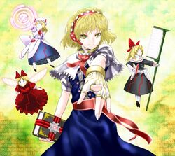  alice_margatroid blonde_hair book dokuromaru doll female fingerless_gloves foreshortening gloves light_smile pointing short_hair smile solo touhou weapon yellow_eyes 