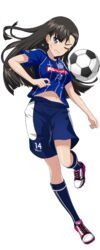  ball black_hair blue_shorts blue_socks blush brown_eyes cleats clenched_teeth clothes_writing emblem female full_body girls_und_panzer j._league jersey kneehighs leg_up long_hair mito_hollyhock navel nishi_kinuyo one_eye_closed parted_lips pink_footwear shiny_skin shoes short_sleeves shorts simple_background soccer soccer_ball soccer_uniform socks solo sportswear stomach teeth transparent_background 