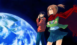  1boy amamiya_yuuhi asahina_samidare cape commentary_request earth_(planet) female glasses highres hood hoodie hoshi_no_samidare morihito noi_crezant planet red_cape school_uniform 