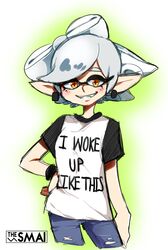  +_+ blush_stickers clothes_writing commentary_request denim earrings english_text female food food_on_head grin highres inkling jeans jewelry marie_(splatoon) meme mole mole_under_eye object_on_head pants pointy_ears raglan_sleeves sami_briggs shirt short_hair smile solo splatoon_(series) splatoon_1 t-shirt tentacle_hair torn_clothes torn_jeans torn_pants yellow_eyes 