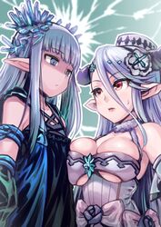  2girls asymmetrical_docking blunt_bangs breast_envy breast_press breasts commentary_request crystal draph erin_(granblue_fantasy) eyebrows flower granblue_fantasy hair_flower hair_ornament hat height_difference horns izmir large_breasts light_purple_hair lips long_hair multiple_girls ono_misao pointy_ears red_eyes underboob white_hat 