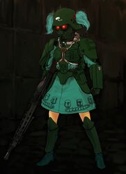  akai_megane aqua_hair armor armored_dress blue_hair boots breathing_tube cosplay dark dokuromaru female gas_mask gun hat kawashiro_nitori kerberos_saga machine_gun mask mg42 protect_gear solo standing touhou twintails two_side_up weapon 