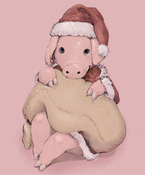  ambiguous_gender anthro bag biped christmas christmas_clothing christmas_headwear clothed clothing colored digital_media_(artwork) domestic_pig feral fully_clothed hat headgear headwear holidays hooves kemono kunugi looking_at_viewer mammal sack santa_hat simple_background sitting smile snout solo suid suina sus_(pig) young young_anthro 