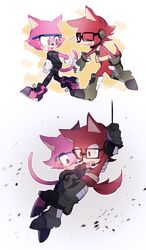  2017 absurd_res anthro big_head black_nose canid canine canis clothing custom_character_(sonic_forces) domestic_cat duo eyewear felid feline felis female fuchsia_the_cat fur gadget_the_wolf glasses gloves handwear hi_res iroha_sss male mammal sega sharp_teeth simple_background sonic_forces sonic_the_hedgehog_(series) teeth toony wolf 